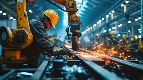 Manufacturing employee works on CNC machine